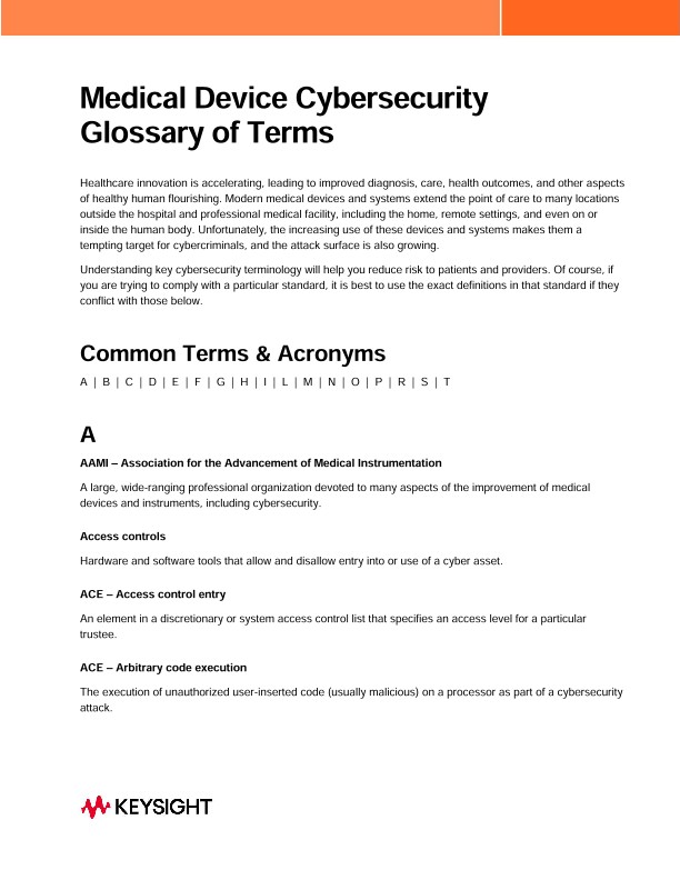 Medical Device Cybersecurity Glossary of Terms